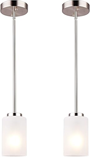 Mini lámpara colgante de 1 luz, lámpara de techo industrial con pantallas blancas ópalo, altura ajustable, iluminación colgante de níquel cepillado