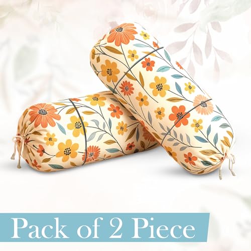 Image of GLUNFlower Print Cotton Bolster Cover Set of 2 | 16 x 32 Inches | Soft & Luxurious Decorative Bolster Pillow Covers for Sofa, Bed & Living Room | Cream