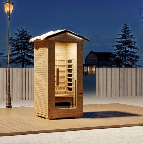 BNEHS 1 Person Outdoor Infrared Sauna - 3D Fast Heating Home Spa Sauna w/Chromotherapy Light, Wooden Sauna Room Kit w/Bluetooth Speaker (CE Certified,110V)