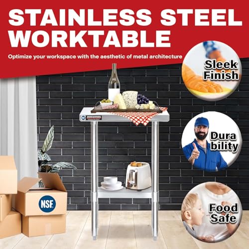 Image of DuraSteel 24x12 Stainless Steel Work Table - NSF Commercial Prep Metal Table - Outdoor Pizza Oven Stand w /Under Shelf - Kitchen Island Laundry Utility Garage Microwave Stand Large Rolling Storage Cart