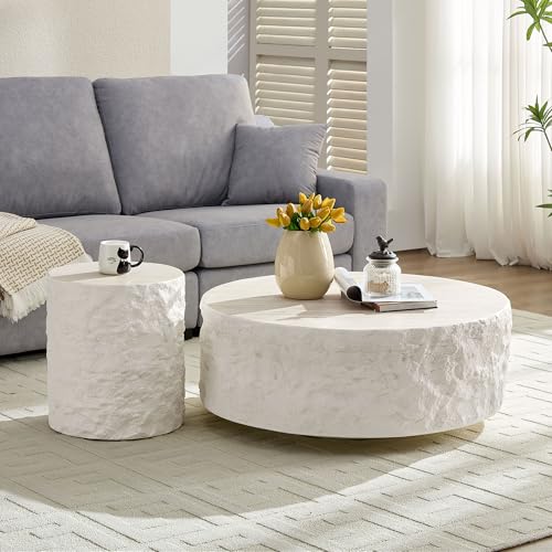 KEIKI Modern Style Fiberglass Coffee Table Set of 2, Irregular Center Matte Coffee Table with Round Edge Design, No Assembly Required, for Living Room, Bedroom, Reception Room, Beige