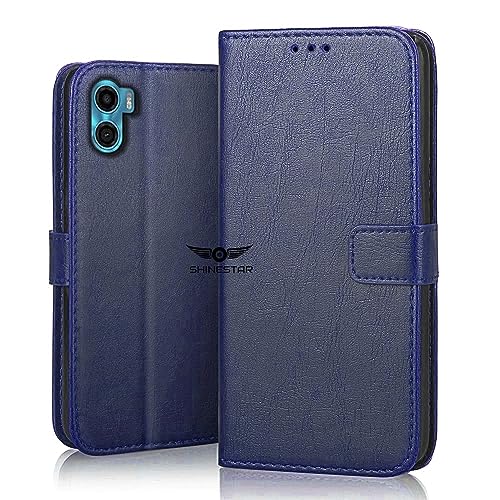 Image of SHINESTAR Motorola Moto E32 Flip Back Cover | PU Leather Flip Cover Wallet Case with TPU Silicone Case Back Cover for Motorola E32 - Ultimate Blue