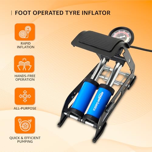 Image of Amazon Basics Foot Operated Tyre Inflator|160 PSI Double Cylinder Portable Foot Air Pump|Rapid Inflation|Hands-Free|Pumping for Car, Bike, Cycle, Balls, Mattresses & More, Black and Blue