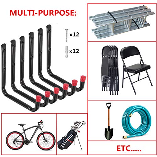 Heavy Duty Steel Garage Storage Utility Hooks,Universal Wall Mount U Hook System,All-Purpose Hanging J Hangers,for Ladder,Lumber,Surf Boards,Kayak Other Bulky Items (6 Pcs Black 7.2