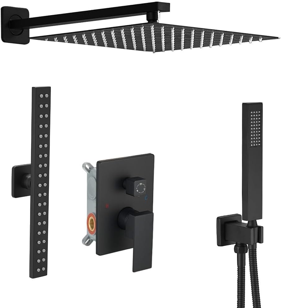 Matte Black High Pressure Shower Faucet Set with Extended Rectangular Body Spray Jet 10 Inch Wall Mounted Shower Head Handheld Shower Combo Set with Rough-in Valve