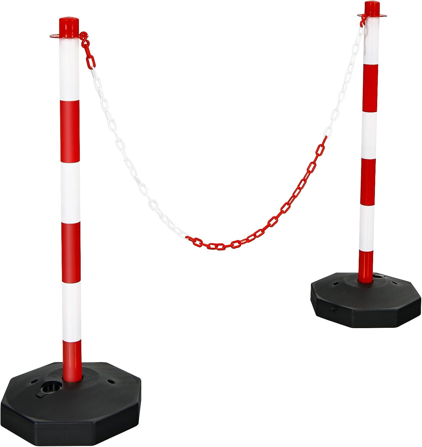 ERGOMASTER 24~34 Inches Adjustable Delineator Post Traffic Cones Road Stanchions Safety Cones with Fillable Base and 5FT Chains Barriers for Parking Lot(2 Pack-Red & White)