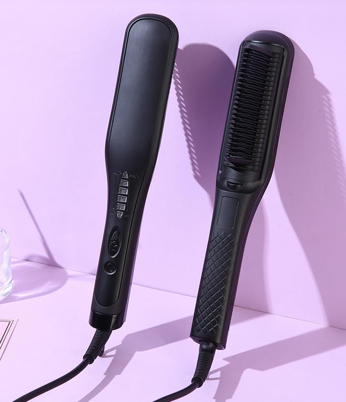 MinidivaCurling and Straightening Combs Adjustable Electric Heating Combs for Curling and Straightening (Black)