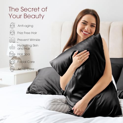 Image of 100% Silk Pillow Cases 2 Pack King Size Mulberry Silk Pillowcase for Hair and Skin Set of 2 Highest Grade 6A Silk Soft Breathable Cooling with Hidden Zipper, Black