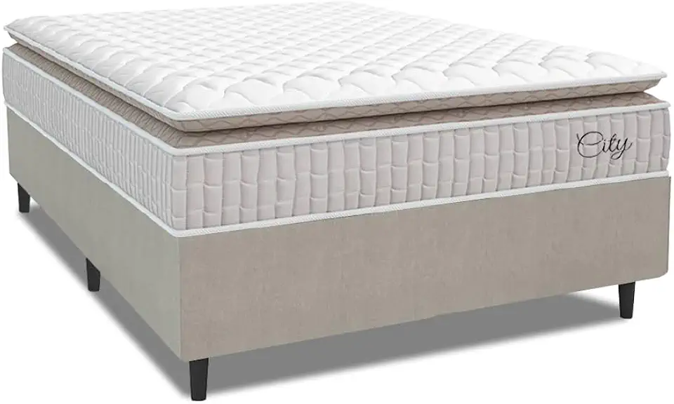 Cama Box Colchão Casal Molas Ensacadas City Pillow Top 138x188x61cm Branco/Bege Hellen - Suporta até 110kg por Pessoa