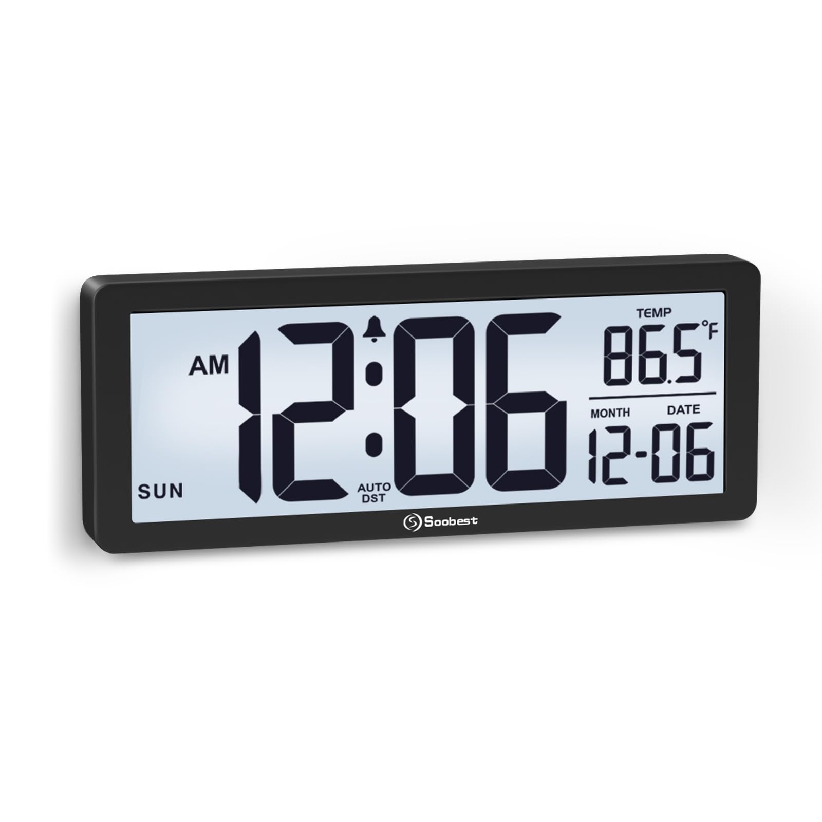 Soobest Orologio digitale da parete da 21,6 cm, funzionamento a batteria, con retroilluminazione, temperatura, data, giorno e ora legale, design sottile per anziani, camera da letto, soggiorno
