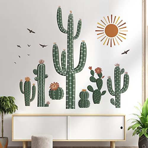 Image of wondever Boho Cactus Wall Stickers Tropical Cacti Green Plants Peel and Stick Wall Art Decals for Living Room Bedroom Dining Room