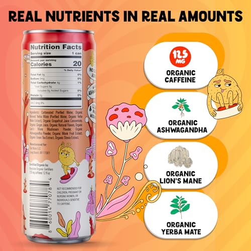 Image of Yerba Mate Energy Drink - Low Sugar Sparkling Tea Cans with Ashwagandha, Lion's Mane, USDA Organic Clean Energy Drink with 125mg Natural Caffeine, Ola Mate Grapefruit Ginger