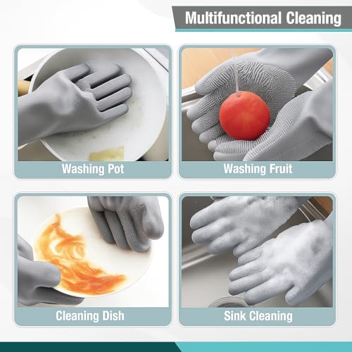 Image of Silicone Cleaning Gloves - Reusable Dishwashing Scrubber Gloves with Bristles - Waterproof, Non-Slip, Durable Kitchen Gloves for Washing Dishes, Car, Bathroom Cleaning (Grey, 2 Pair)