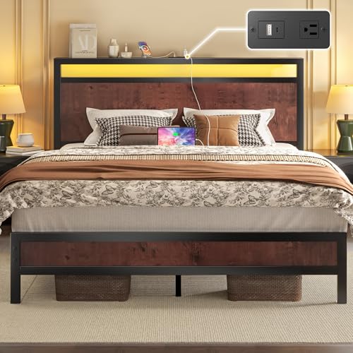 Image of Fluest Queen Bed Frame with Headboard & Footboard, Bed Frame with Built-in Charging Station & LED Light, Storage Shelf, Noise-Free, No Box Spring Needed, Easy Assembly, Coffee Brown