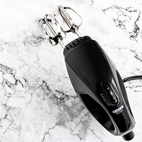 Image of Ovente Portable Electric Hand Mixer 5 Speed Mixing, 150W Powerful Blender for Baking & Cooking with 2 Stainless Steel Chrome Beater Attachments & Snap Clear Case Compact Easy Storage, Black HM161B