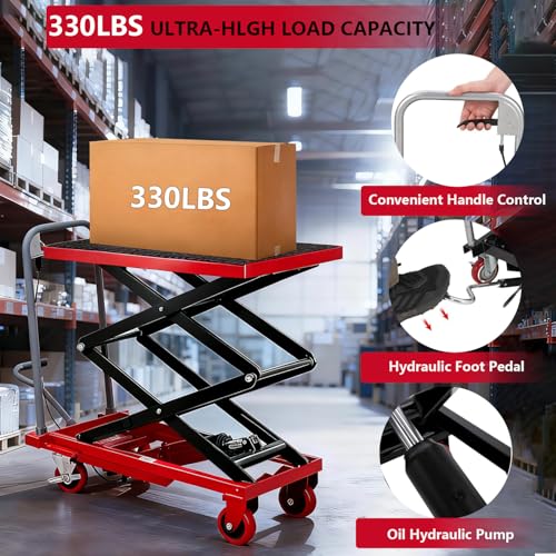 Image of GarveeTech Hydraulic Lift Table Cart, 330Lbs Load Capacity 50 Inch Lifting Height, Manual Double Scissor Lift Table with Non-Slip Pad and 4 Wheels,Hydraulic Scissor Cart (330lbs - Double - Red Black)
