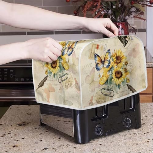 Image of Toaster Dust Cover 2 Slice, Microwave Toaster Oven Grill Stain Resistant Dustproof Kitchen Small Appliance Cover with Top Handle for Kitchen, Butterfly Sunflower Retro