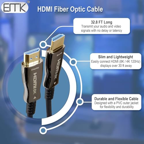 Image of EMK 8K 15 Meter HDMI 2.1 Fiber Optical Cable,10K Ultra High Speed HDMI Gen2 48Gbps 4K,120Hz 8K,120Hz 10K,120Hz,eARC Dolby Vision Atmos HDR10 RTX 3080 /3090 PS5 Xbox Sony LG C9 /B9,