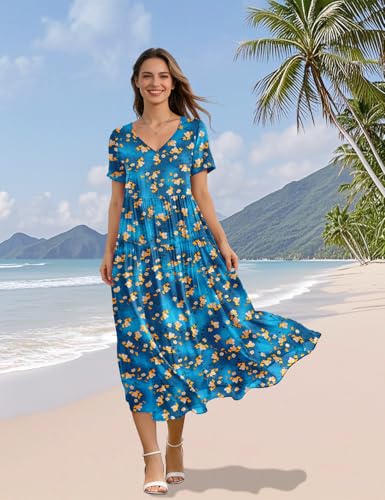 Image of YESNO Women's Summer Maxi Dresses Casual Floral Short Sleeve V Neck Boho Beach Vacation Swing Dress with Pockets EVF