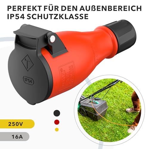 RedStar24 Schuko Kupplung 230V IP54-4er Set Robuste Steckdosen, 3-Polig, Gummi & Kunststoff, Schwarz Rot | Automatische Federabdeckung, Einhandbedienung | Ideal Outdoor Anwendungen