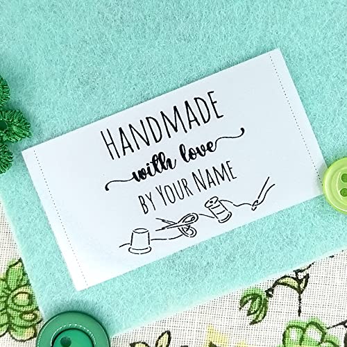 100pcs Custom Clothing Label Personalized Fabric tag Sewing DIY Gift Handmade with Love Sewing Tools Design White Silky Satin Flat sew in end fold Washable Label