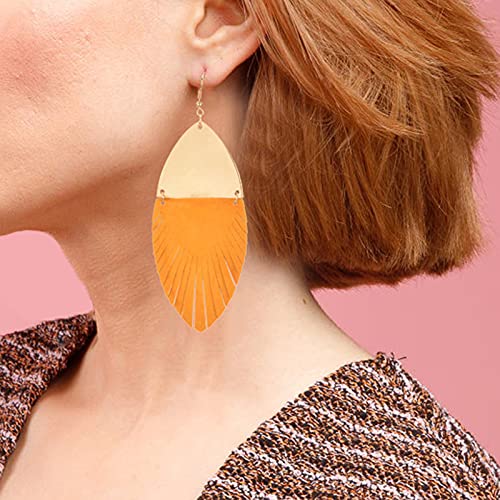 Feather Fringe Leather and Metal Earrings for Women- Boho Genuine Leather Leaf Tassel Statement Earrings Bohemian Leopard Suede Leather Hypoallergenic Lightweight Dangle Earrings Nickle Free2