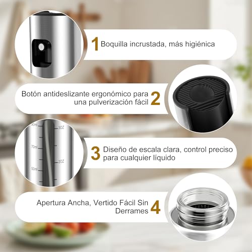 Miniatura 4 de Kitchenboss Pulverizador Aceite Spray Cocina: Aceitera Spray Acero Inoxidable Y Vidrio 100ml Vaporizador Aceite Spray Cocina Para Ensaladas, Planchas Y Freidoras Aire