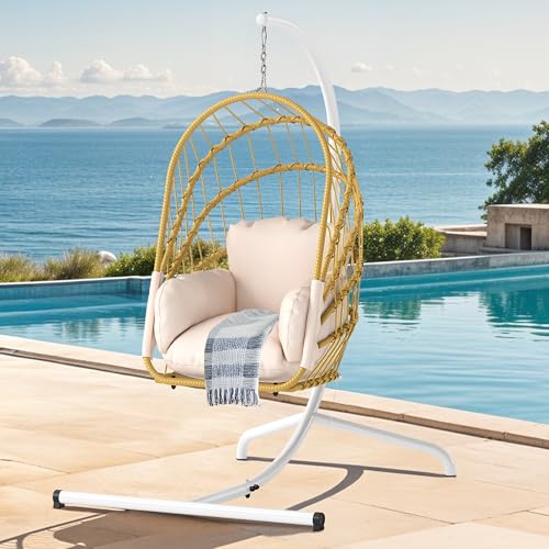 DWVO Wicker Swing Egg Chair 300lbs Capacity - Foldable Hanging Hammock with Cushions & Stand, Indoor/Outdoor Patio Swing Chair for Bedroom, Garden, Balcony (Beige)