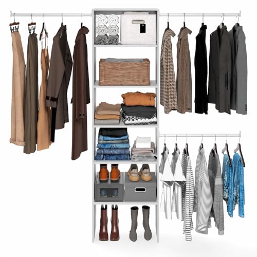 Image of Furinno FANO Closet Organizers and Storage, 5-Tier Wide Closet Storage Organizer with 3 Hanging Bars and Adjustable Shelf, Wardrobe Closet Shelf Tower, 14.8 x 23.6 x 82.1 for Bedroom, White