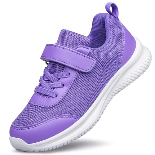 Girls Tennis Shoes Kids Sneakers Lightweight Sports Strap Athletic Shoes for Running Walking Purple Big Kid Size 2