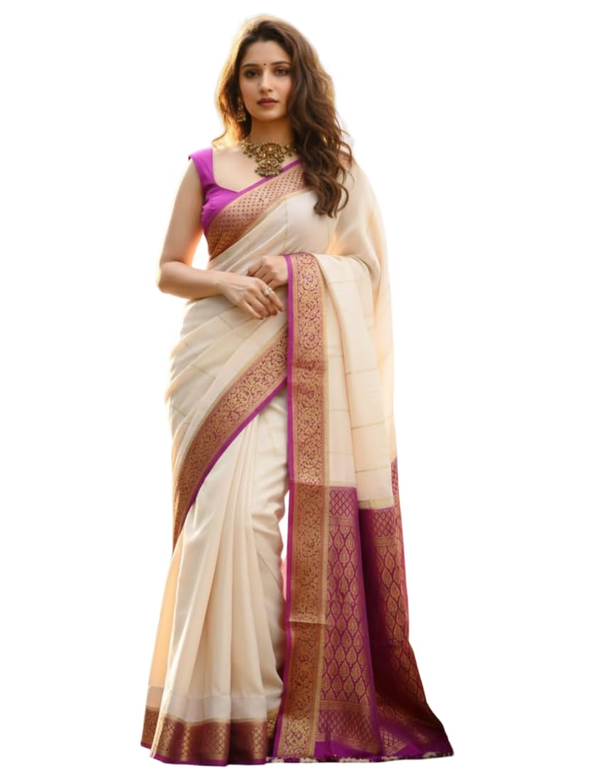 Women's Cream Soft Lichi Silk Saree with Contrast Purple Jacquard Border & Rich Pallu |-image-22