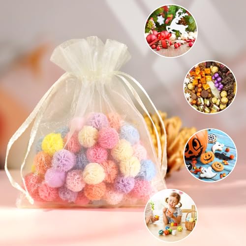 Image of Hopttreely 100pcs Organza Bags, 4''x4.72'' Pastel Yellow Satin Drawstring Organza Pouch Wedding Party Favor Gift Bag Jewelry Watch Bags
