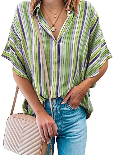 Diukia Women's Plus Size Loose Color Block Striped Short Sleeve Shirts Blouse Summer Relaxed Casual V Neck Button Down Work Pullover Blouse Fashion Half Sleeve Tunic Blouses Tops Green 2XL