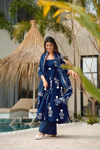 Image of ANNI Designer Women's Rayon Blend Anarkali Printed Kurta with Pant & Dupatta | Ethnic Kurta Pant Dupatta Set for Women | Traditional Indian Wear Outfit