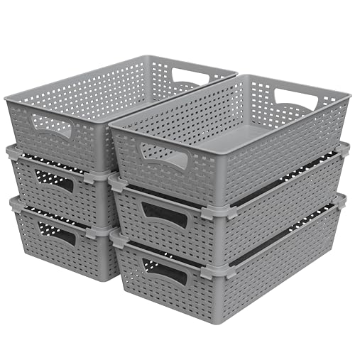 Simple Houseware Stackable Plastic Woven Basket Organizer, 6 Pack, 14.5"