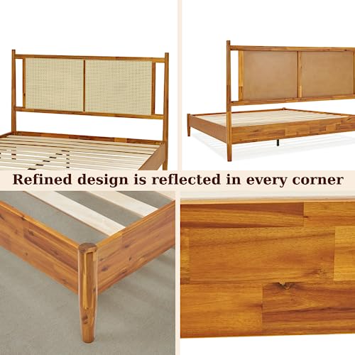 Image of Bme Oliver 15-Inch Queen Bedframe with Rattan Headboard, Bohemian, Caramel