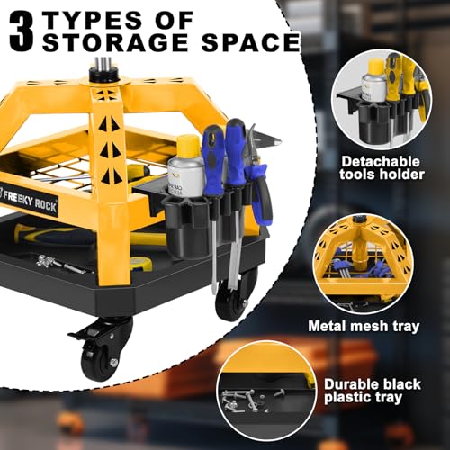 Image of Rolling Shop Stool with Wheels, Heavy Duty Garage Work Mechanic Stool with Backrest, Adjustable Height 360Swivel Rolling Chair with Tool Tray Storage, 330 LBS Capacity, Yellow