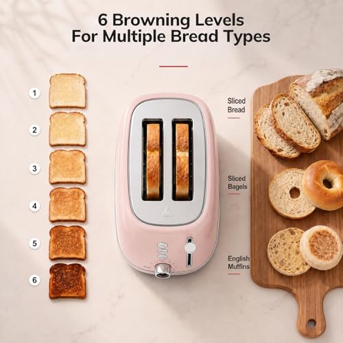 Image of 2 Slice Toaster Retro Stainless Steel with Bagel, Cancel, Defrost Function and 6 Bread Shade Settings Bread Toaster, Extra Wide Slot and Removable Crumb Tray (Pink)
