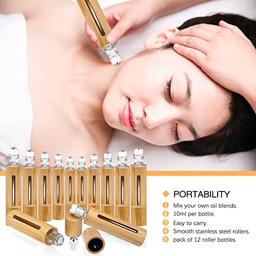 KALYLOC 12Pcs 10ml Bamboo Roll on Bottles for Essential Oils, Refillable Perfume Sample With Stainless Steel Roller, 2Pcs Openers and 2Pcs 3ml Funnels2
