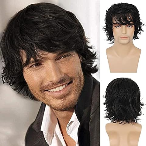 Mens Wig Black Short Layered Natural Wave Synthetic Male Wigs with Bangs Halloween Cosplay Party Costume Daily Cover