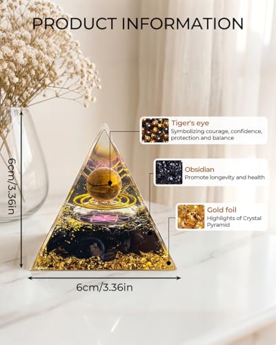 Image of Orgone Pyramid with Healing Crystals - (Space - Planets) - Golden Obsidian Energy Generator for Positive Vibe, Stress Relief & Chakra Reiki Meditation - Spiritual Gift for Success, Wealth & Prosperity