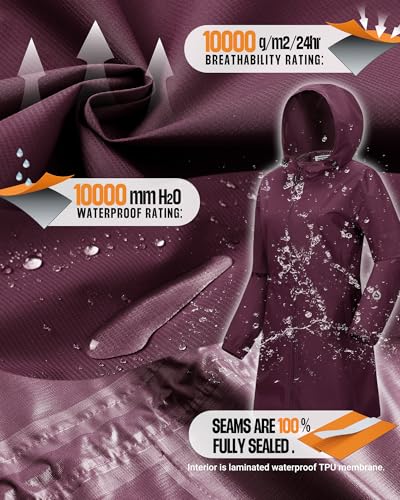 Outdoor Ventures Damen Wasserdicht Regenjacke Lang Windbreaker Übergangsjacke Leichte Atmungsaktiv Outdoorjacke Raincoat Regenparka mit Kapuze Burgunderrot XL