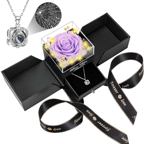 Preserved Light Purple Real Rose with Heart I Love You Necklace -Eternal Flowers Rose Birthday Gifts for Women Her Mom Wife Girlfriend Grandma on Valentines Mothers Day Christmas Anniversary