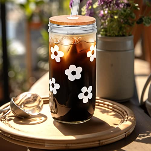 Anotion Cute Glass Cups With Lids And Straws, Mason Jars With Flower Design, Bamboo Lid, Iced Coffee Cups Tumbler Drinking Glasses Travel Coffee Mug Perfect For Coffee, Smoothies, Boba Tea, And Wine #TOP3