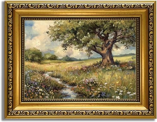 Image of YD&YZY Gold Framed Vintage Wall Art Canvas Spring Country Landscape Wall Decor Wildflower Farmhouse Painting Rustic Nature Picture Cottagecore Print for Home Decor Bedroom 8x10 inch Small Framed