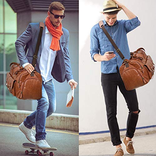 Zeroway PU Leather Travel Duffel Bag with Shoe Pouch Large Carry on Bag Waterproof Weekender Overnight Bag for Men Women Brown