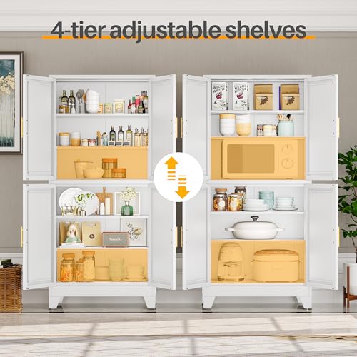 Image of 75 inch Tall Kitchen Pantry Cabinet, White Metal Pantry Storage | Storage Cabinet with Doors and 3 Adjustable Shelves, Steel Storage, Bathroom cabinets Organizer, Cupboard for Home, Office
