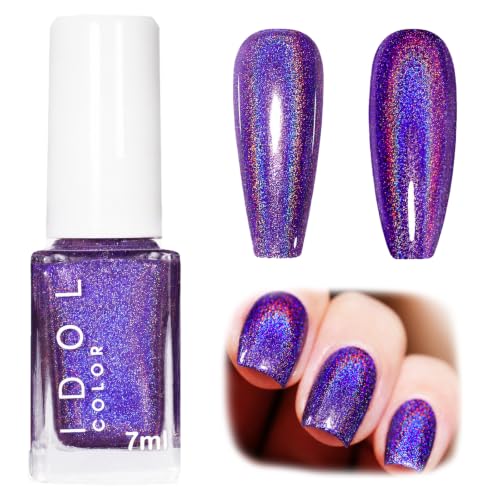 Image of Purple Iridescent Nail Polish - Holographic Nail Polish - Quick Dry Purple Nail Varnish - Sparkly Laser Chameleon Nail Varnish - Long Lasting Rainbow Effect No Need Cured for Women DIY Manicure
