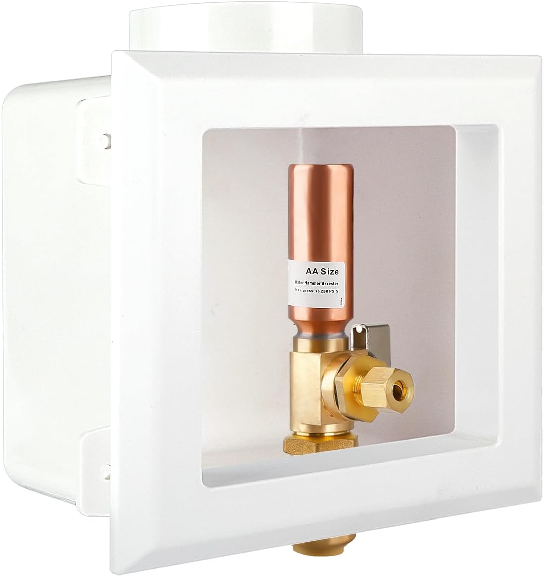 Ice Maker Outlet Box with Center Drain, 1/2" Push-Fit Inlet x 1/4" OD Compression Outlet Connection with 1/4-turn Shut-Off Ball Valve and Copper Water Hammer Arrestor for Drinking Water