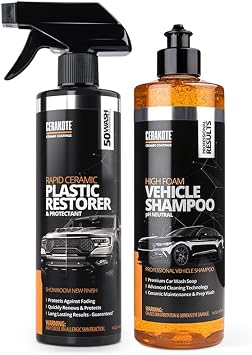 Cerakote Plastic Care Bundle - Rapid Ceramic Plastic Restorer and Protectant 14 oz. with High Foam Vehicle Shampoo 16 oz. - Restores Faded Trim - Protects New Trim - Prep and Coat Vehicle Plastic
